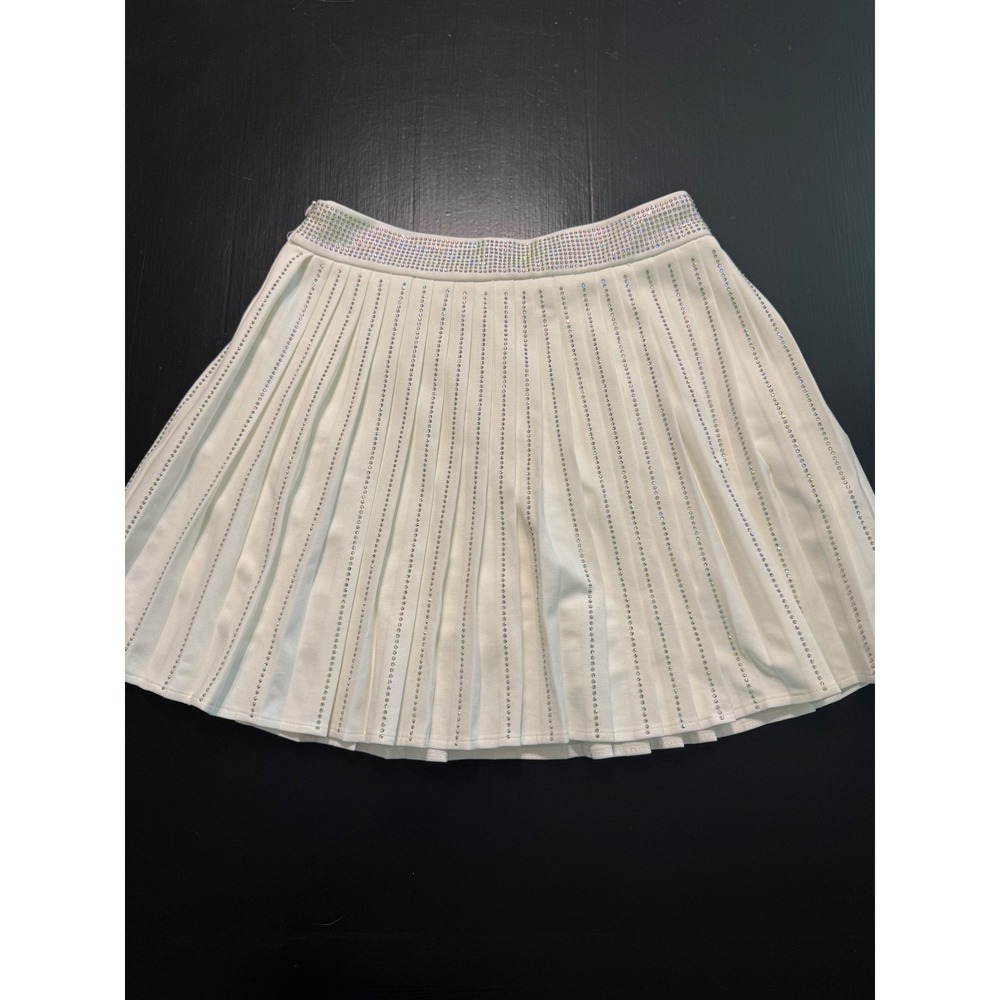 Nylon Apparel White Pleated Rhinestone  Skort Womens Large AB Crystal Skirt